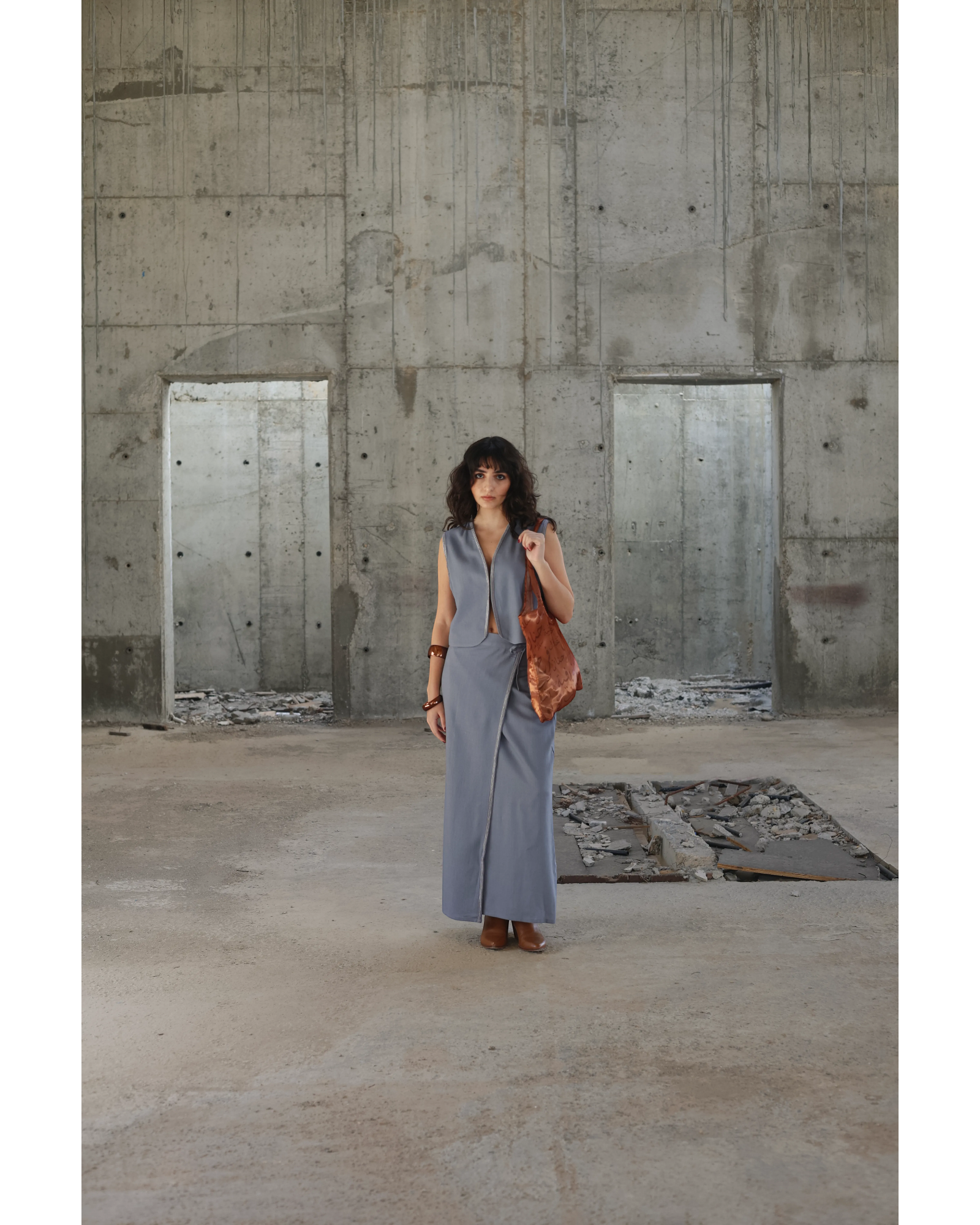 Farah Daylac dusty blue-grey linen maxi wrap skirt with front hip tie and tonal embroidery.