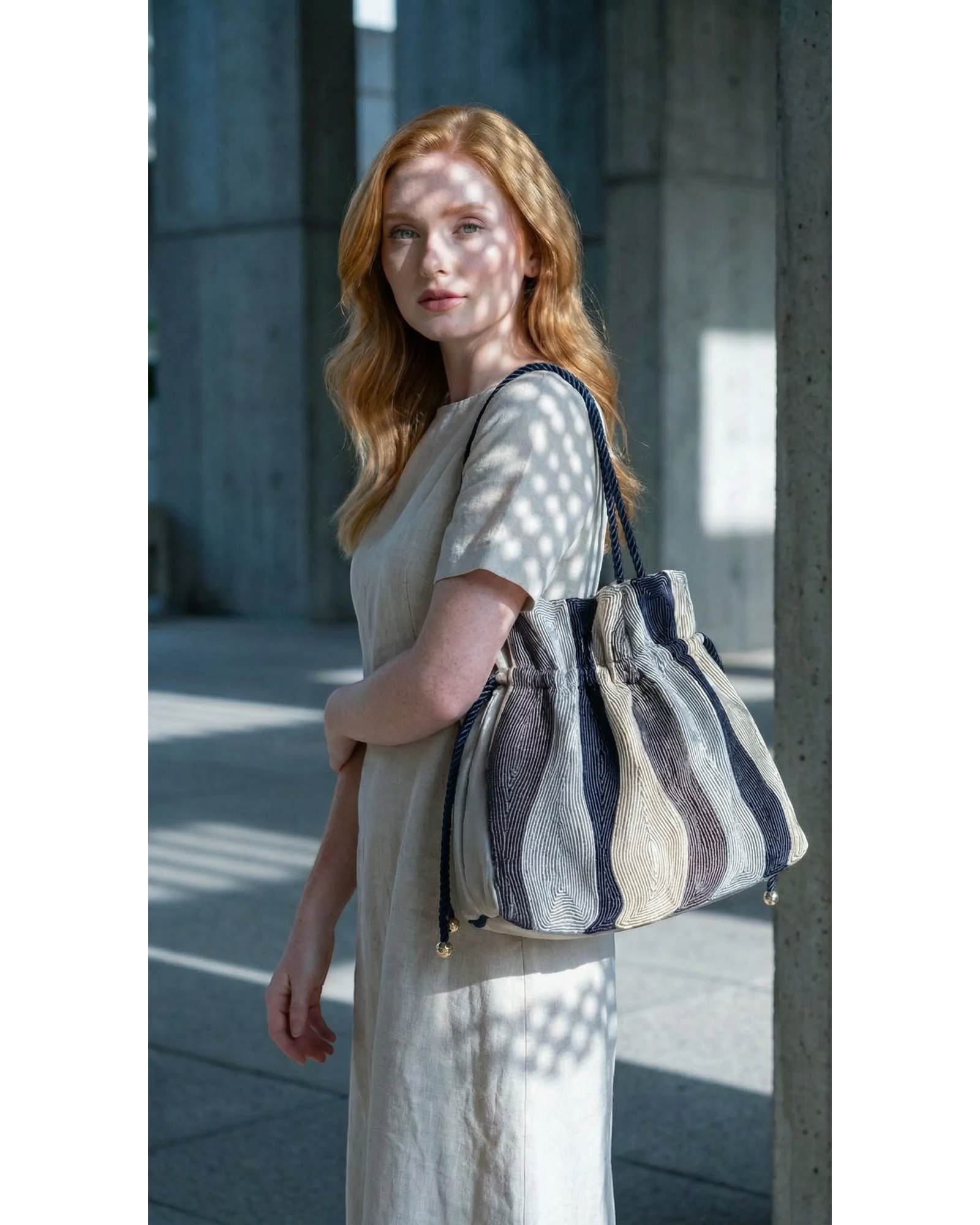 Farah Daylac embroidered pouch bag with drawstring closure, featuring a striped pattern in navy, beige, and white.