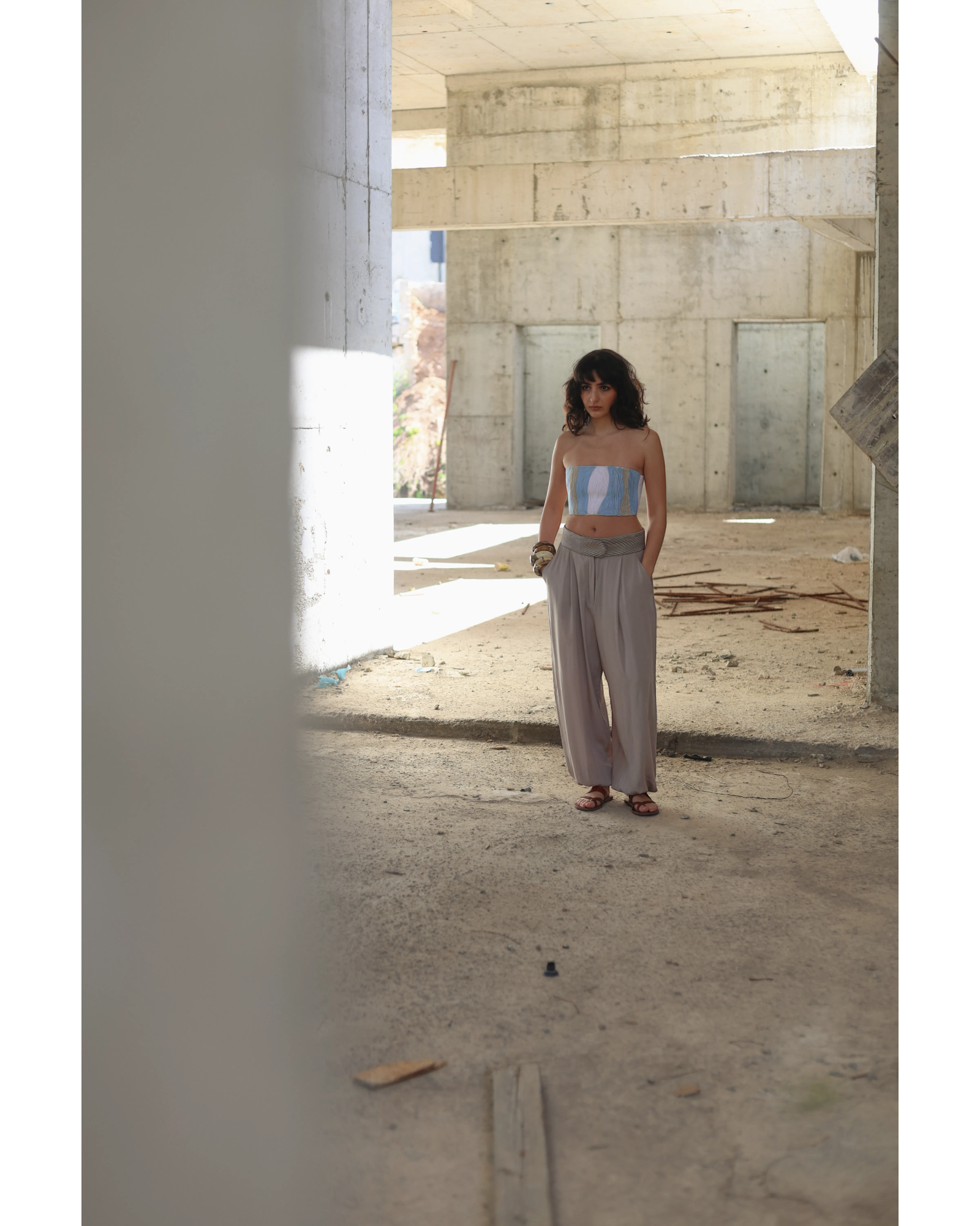 Farah Daylac taupe wide-leg sherwal pants with embroidered waistband and buttoned cuffs.