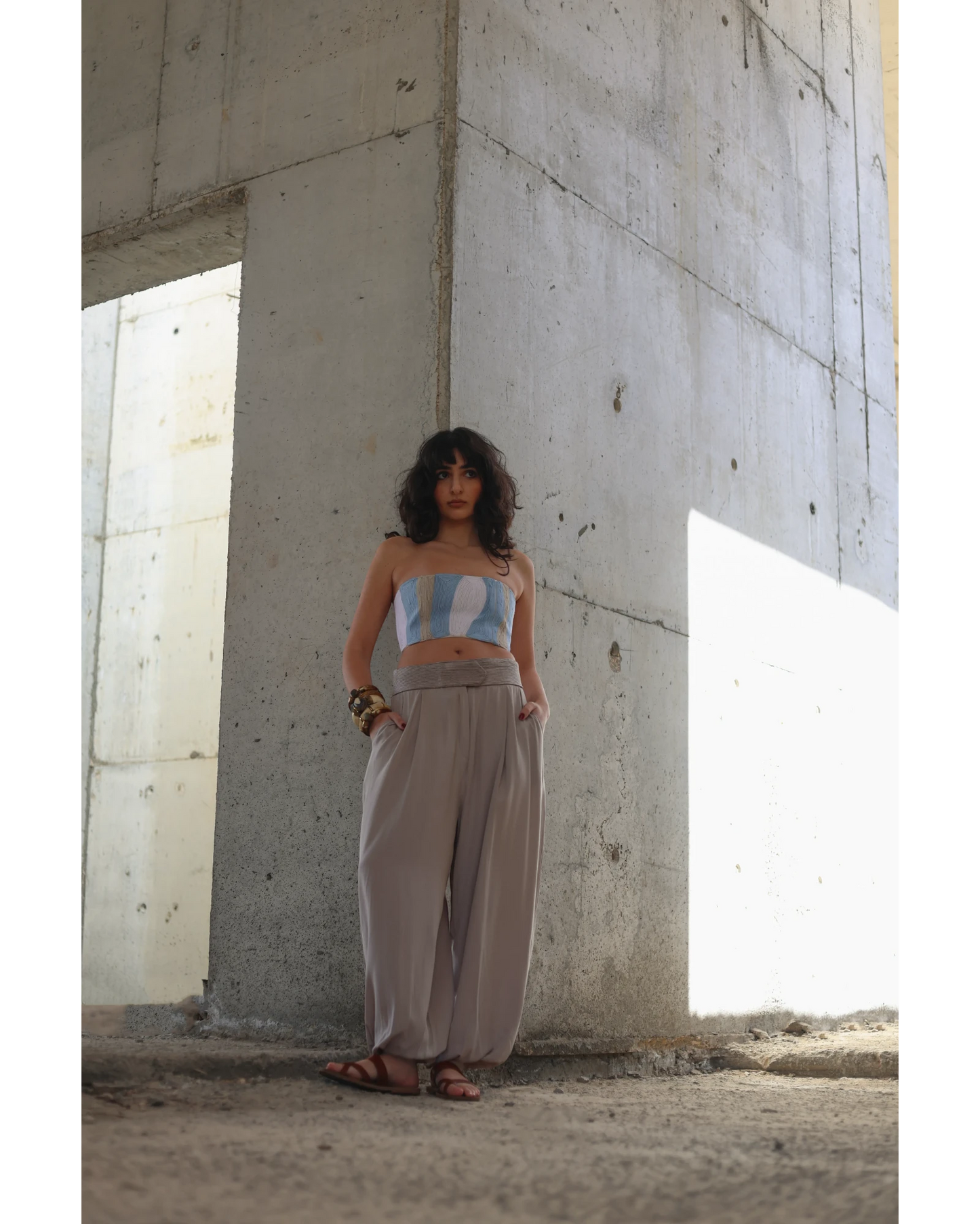 Farah Daylac Topographic Corset in sky blue, white, and sand with embroidered topographic pattern, laced back.